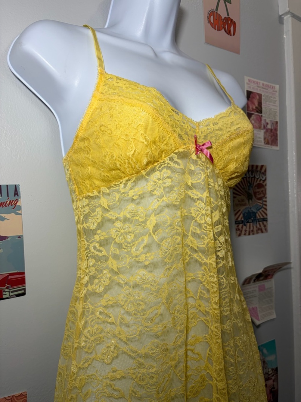 Yellow Lace Chemise Slip with Pink Bow Accent - Picture 3 of 6